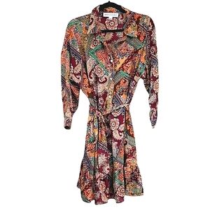 Emma & Michele Red and Gold Paisley Pleated A-Line Dress Size Large